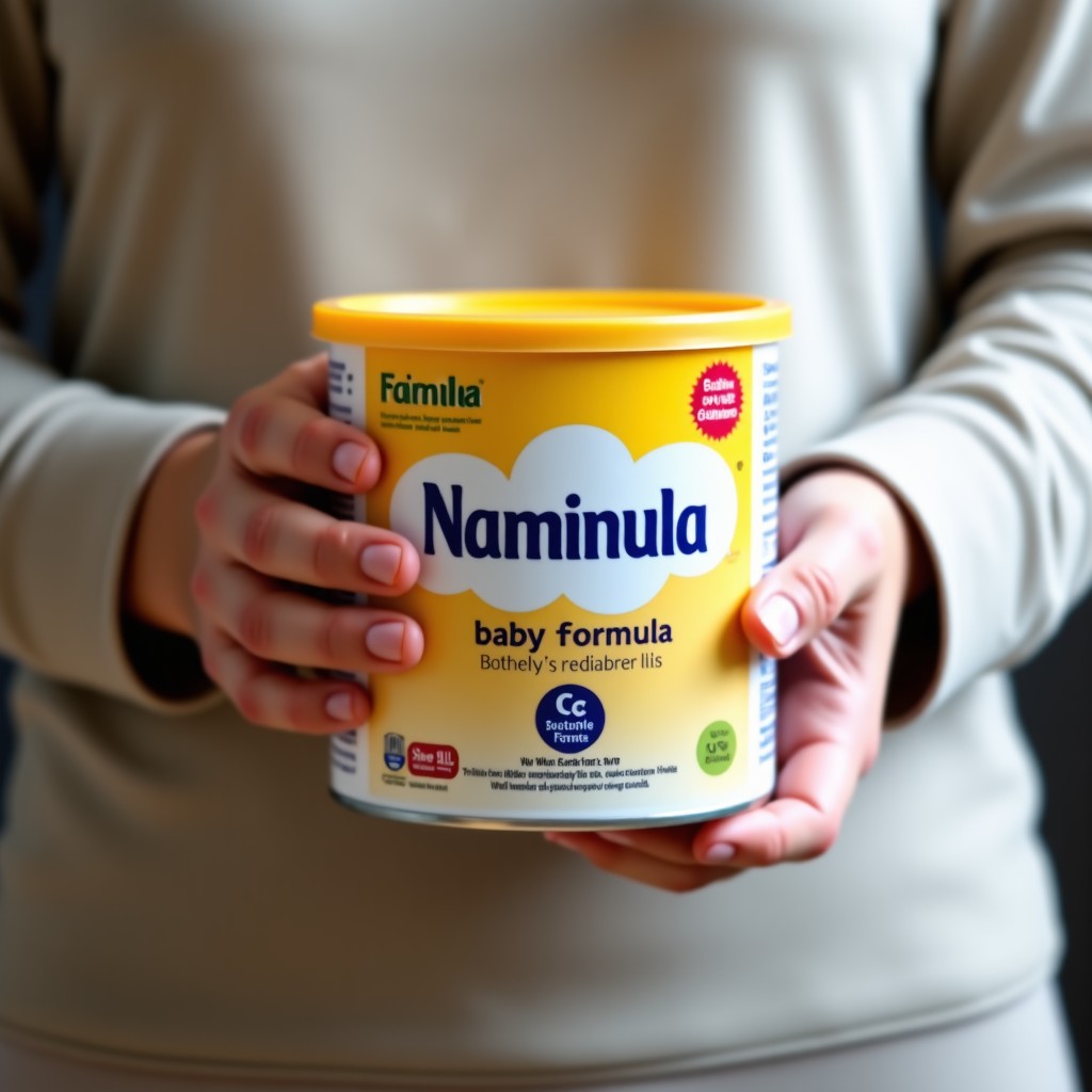 A close-up shot of a person's hands holding a baby formula tin and checking the label or batch number on the bottom. Natural focus, clear details. 1:1