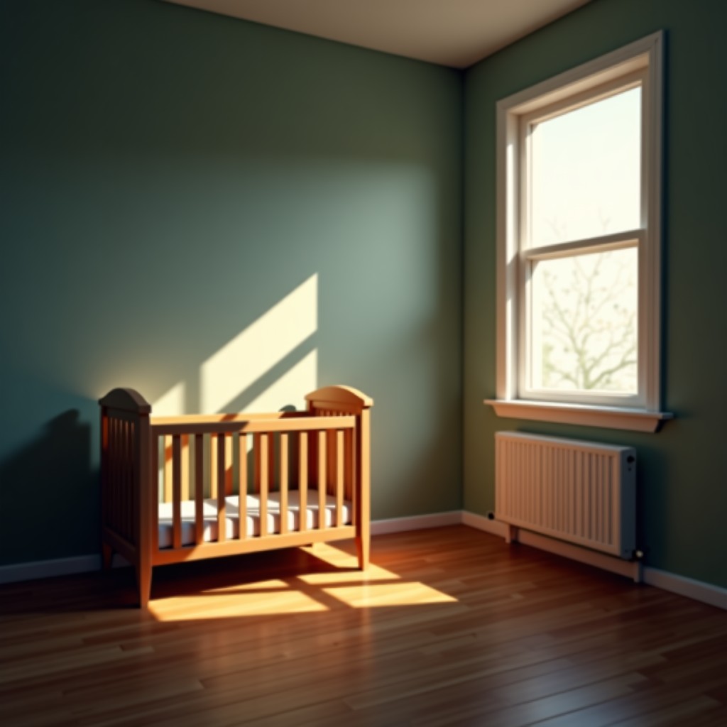 A dim child room with an empty crib, soft shadows falling on the wooden floor, melancholic and quiet atmosphere, lifestyle photography, 1:1