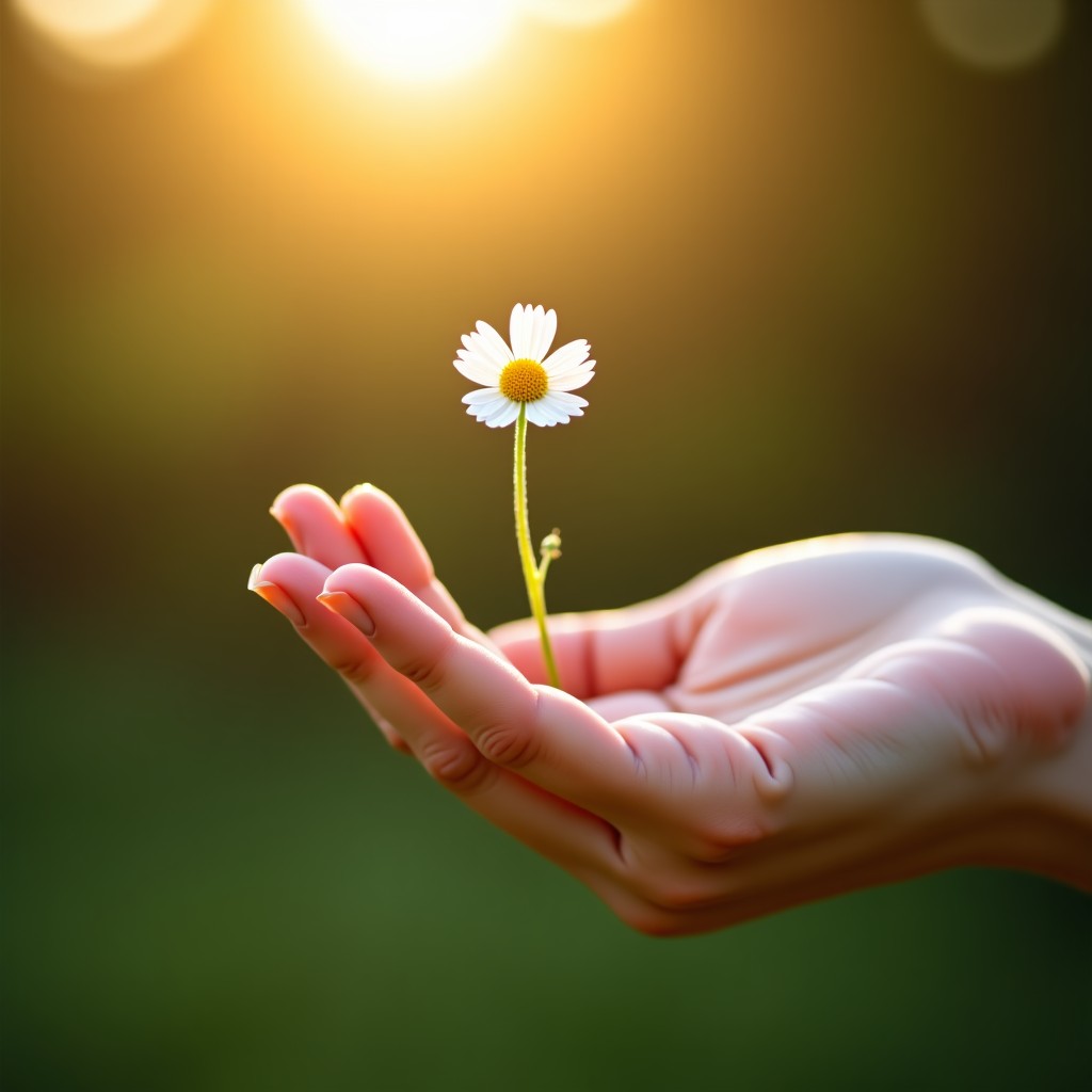 A close up of an adult hand gently holding a small delicate flower, warm natural lighting, emotional and hopeful mood, soft focus background, 1:1