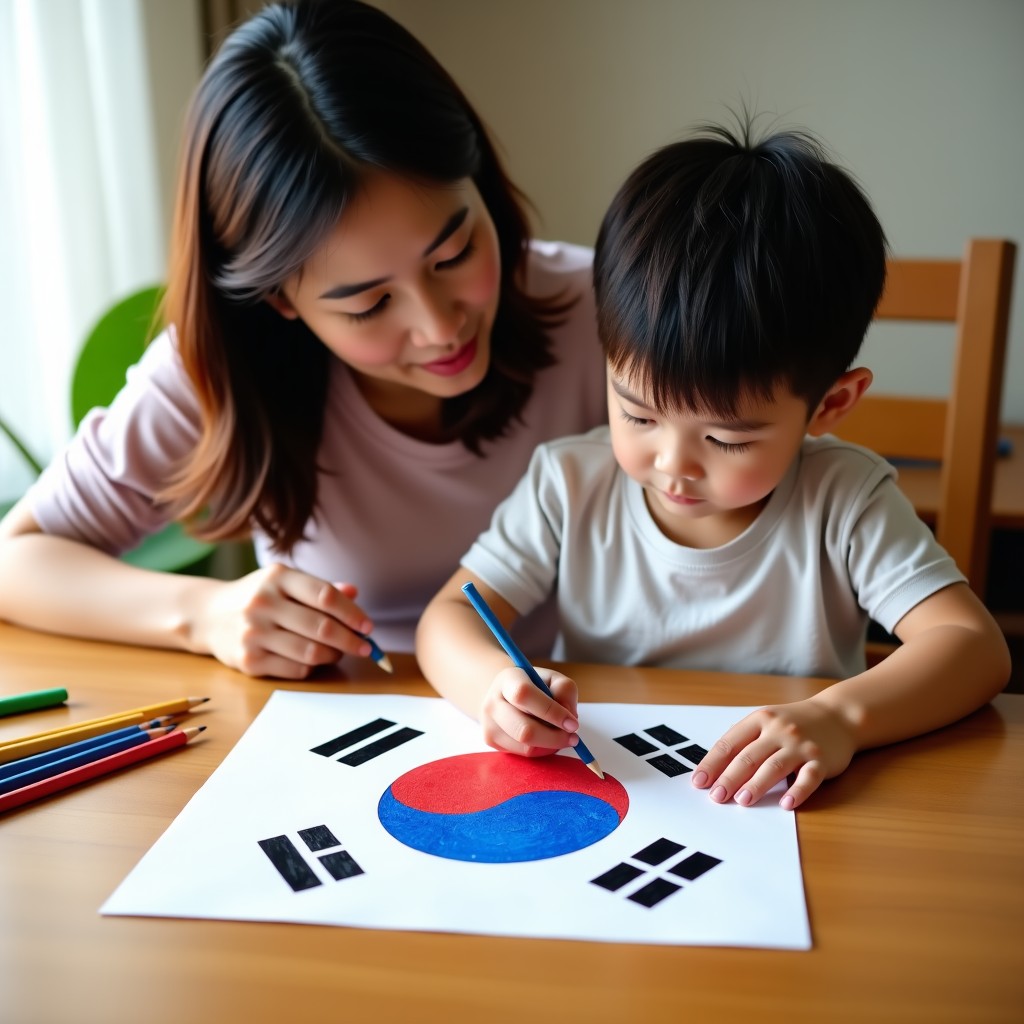 A Korean mother and a young child sitting at a wooden table, drawing the South Korean flag together. The child is tracing a circle using a plastic cup. Colored pencils and markers are scattered around. Warm natural indoor lighting, lifestyle photography. 4:3