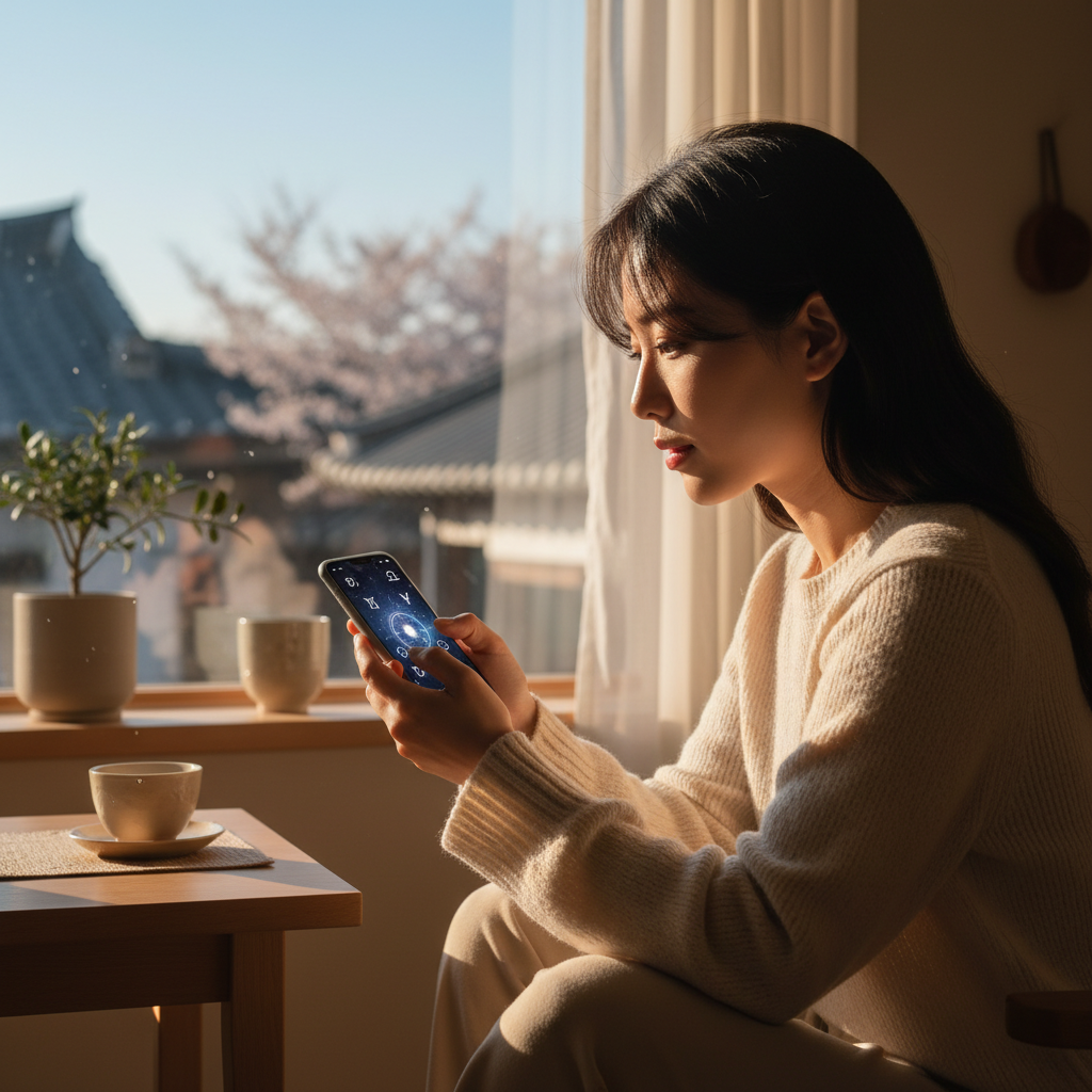 아침 햇살이 비치는 창가에서 스마트폰으로 운세를 확인하는 모습
