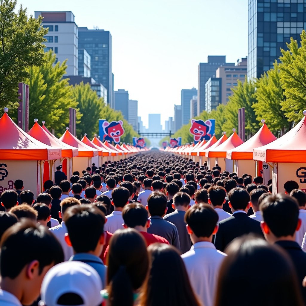 A wide-angle shot of a crowded outdoor festival at Yeolrin Songhyeon Green Plaza in Seoul. Many people are holding smartphones and looking at them. There are colorful banners and inflatable decorations related to monster catching games. Bright daylight, festive atmosphere, realistic photography style. 4:3