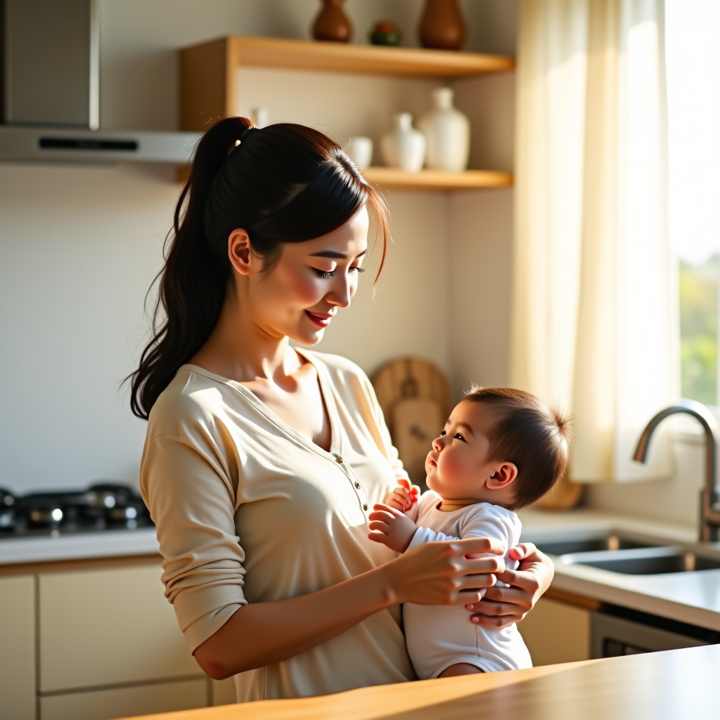 A peaceful scene of a Korean mother holding her baby and preparing a baby bottle in a bright modern kitchen. Warm sunlight, soft colors, high-quality lifestyle photography. 4:3