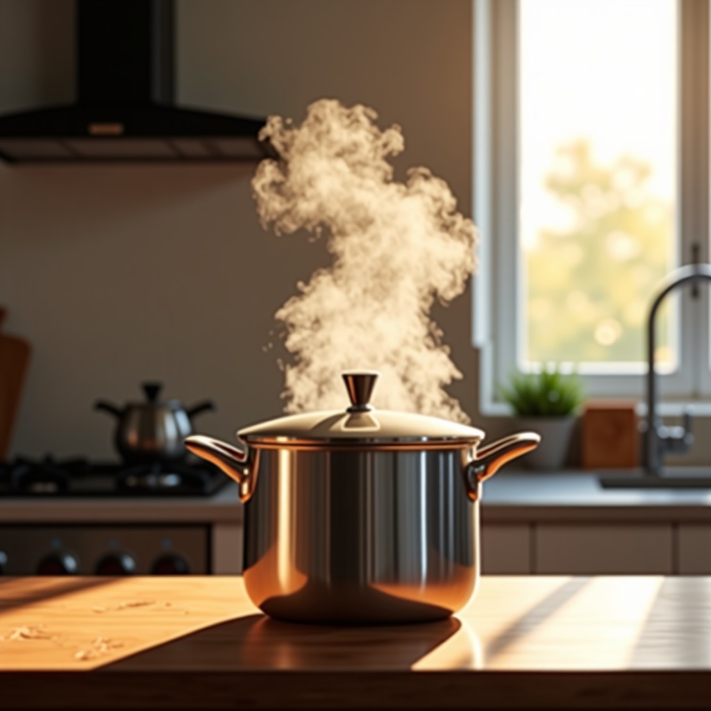 A stainless steel pressure cooker on a kitchen counter with steam coming out of the pressure valve, warm kitchen atmosphere. 1:1