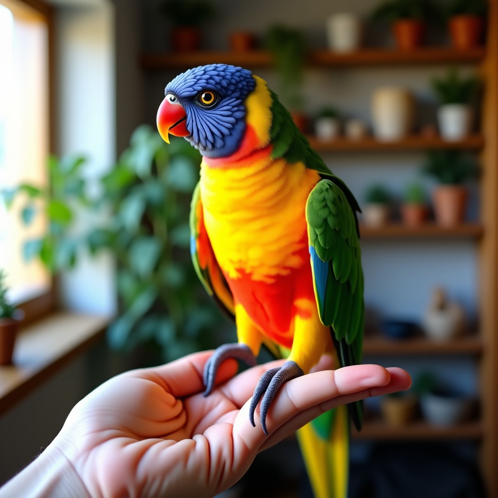 A colorful parrot sitting on a person's finger in a cozy home environment, soft natural indoor lighting, high resolution, 4:3