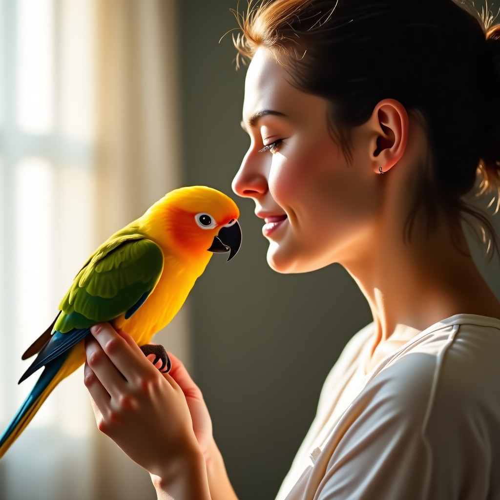 A person gently interacting with a small parrot, focusing on the bond and communication, soft warm colors, high quality, 4:3