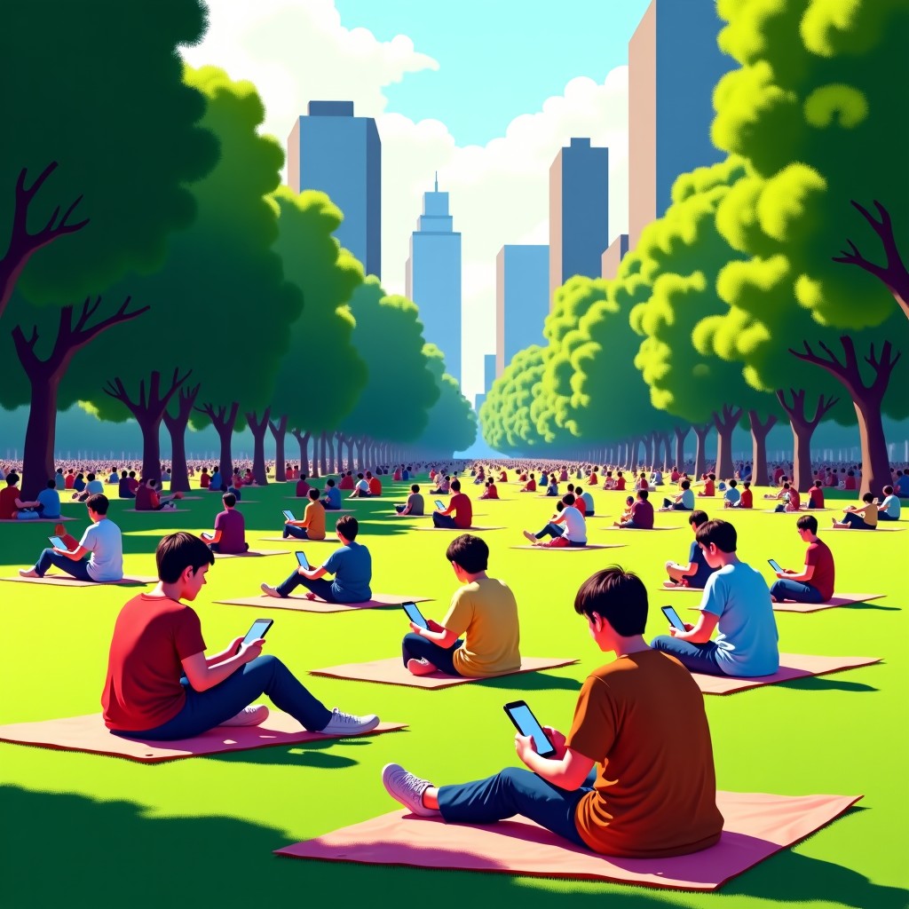 A realistic scene of a green urban park where many people are sitting on picnic mats. Some people have portable power banks connected to their phones. It is a sunny day and the atmosphere is relaxed but busy. High quality photography. 4:3