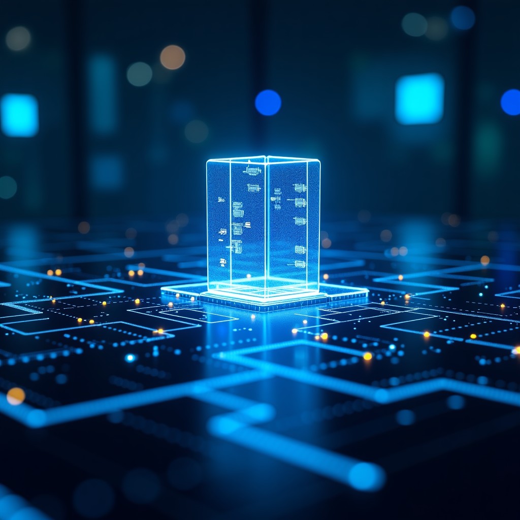 A futuristic concept of a quantum computer with glowing light circuits and abstract data streams in a dark laboratory setting, professional photography, high detail, 4:3