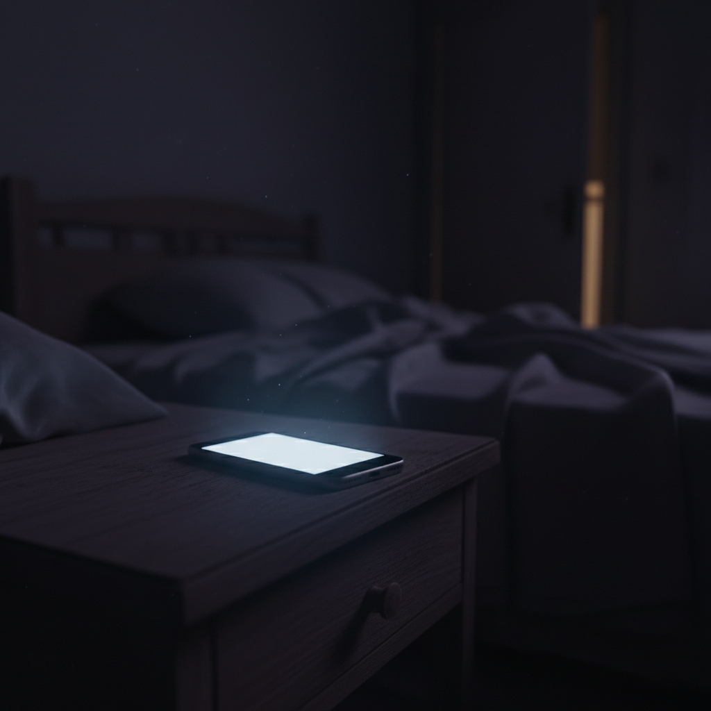 어두운 방 안에서 홀로 빛나는 스마트폰 화면과 슬픈 분위기