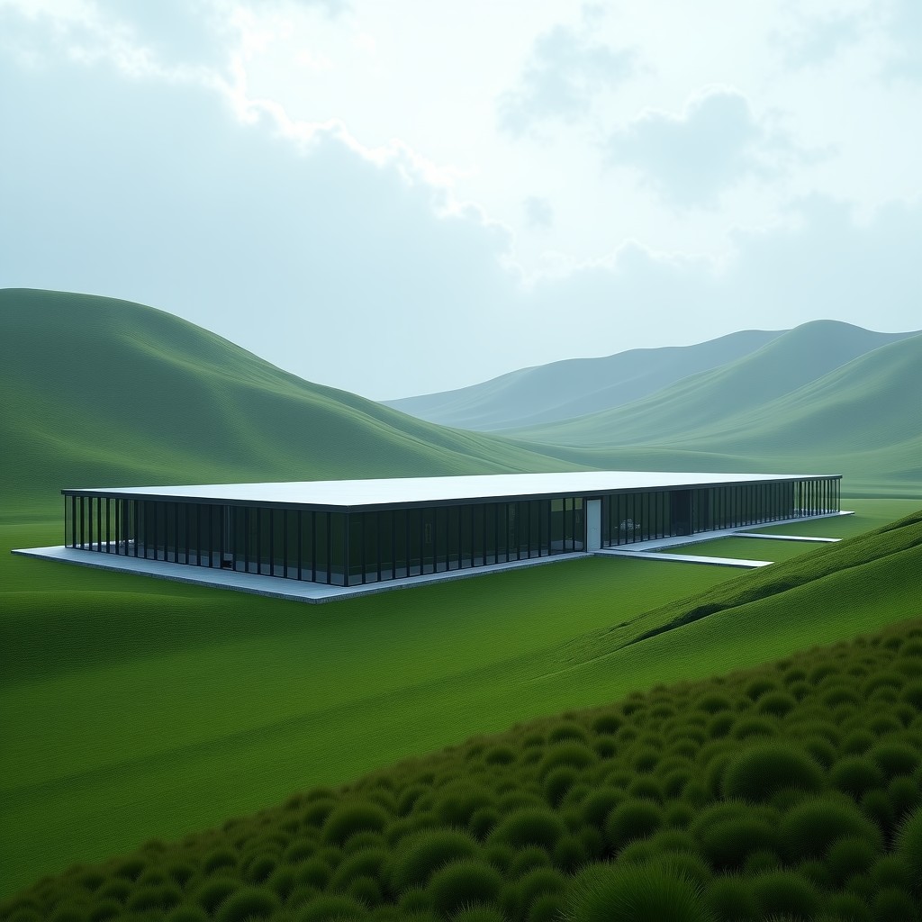 A futuristic large-scale data centre integrated into a lush green Scottish rural landscape with rolling hills, modern architectural design using glass and steel, overcast sky, cinematic lighting, high resolution, 4:3