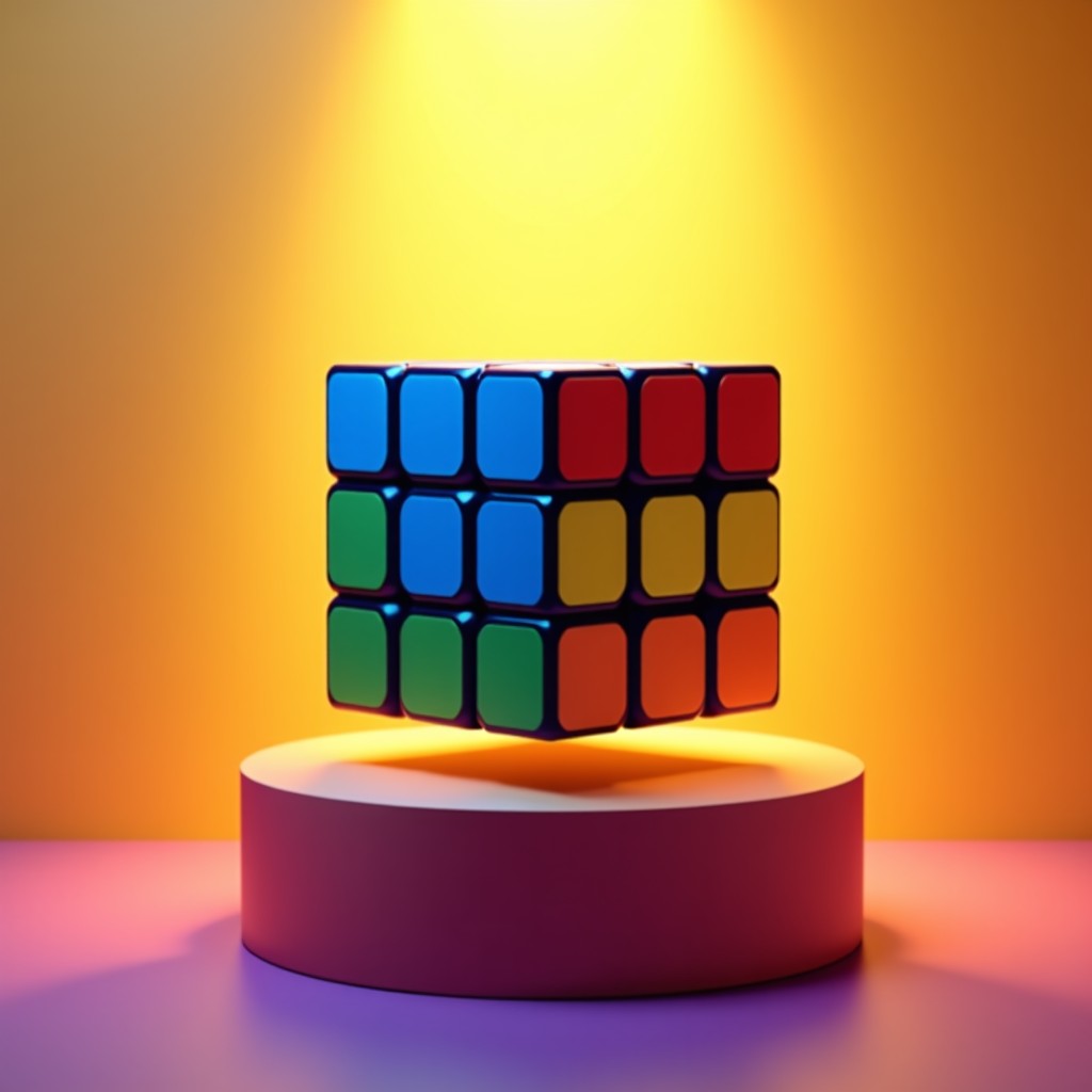 A fully solved 3x3 Rubik's cube displayed on a pedestal. The colors are vibrant and the lighting is bright and celebratory. High resolution. 4:3