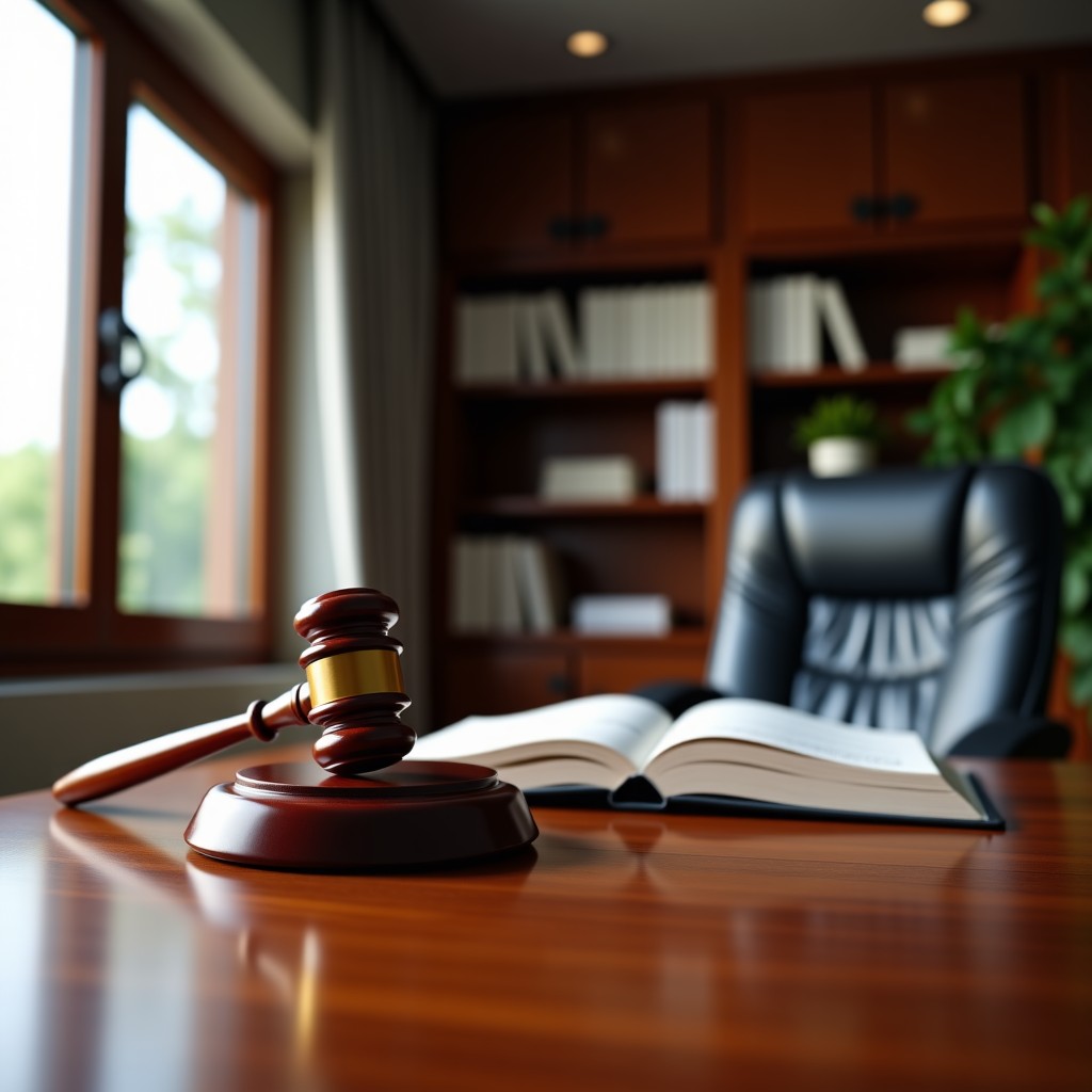 A professional law office interior in Yeosu, a wooden desk with law books and a gavel, sophisticated and calm atmosphere, high quality photography, 4:3