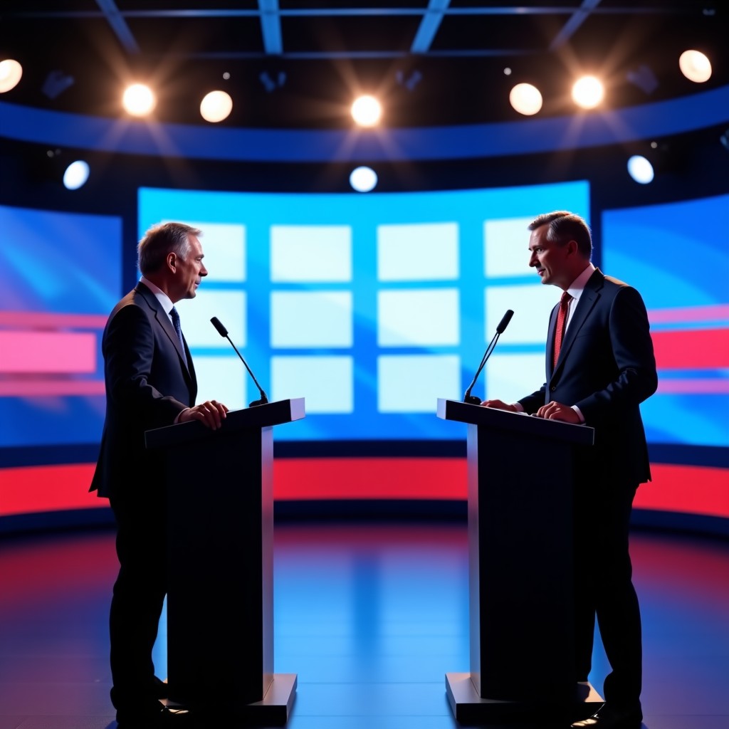 A professional TV debate studio with two speakers facing each other. Cameras and studio lights are visible in the periphery. The screen in the background shows digital voting patterns. The mood is tense and focused. Modern broadcast lighting. 4:3