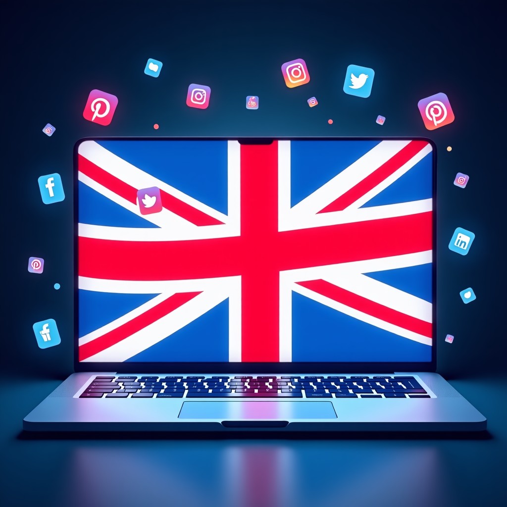 A conceptual illustration showing the UK Union Jack flag integrated with various social media app icons on a digital screen background, representing social media regulation in Britain, modern graphic style, high contrast, 1:1
