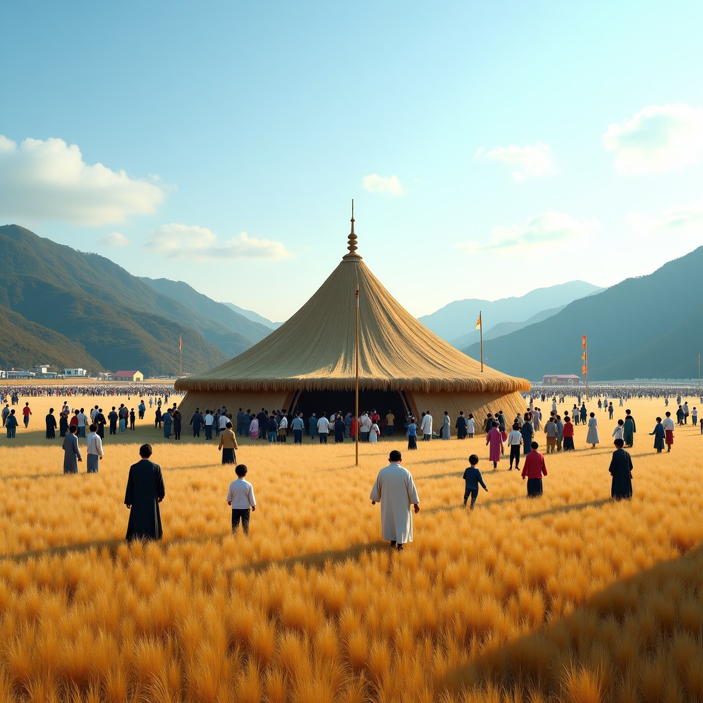 A wide-angle landscape shot of a traditional Korean festival at Osan stream in 2026. A large straw structure called Daljip is set up in a wide grassy field. Many families with children are walking around. The atmosphere is vibrant with traditional decorations. Soft daylight, clear sky, high quality photography, 4:3
