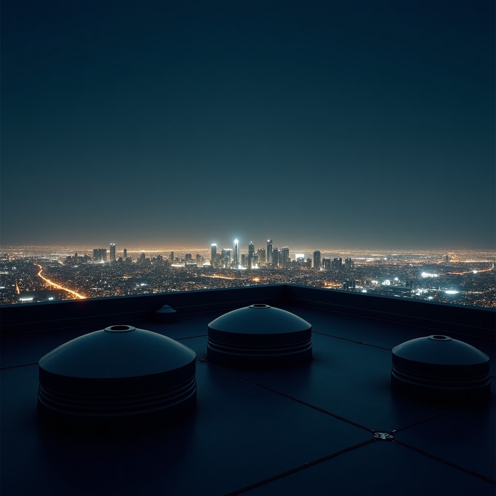 Industrial rooftop area with large metal water tanks, dark night sky, glowing city lights of Los Angeles in the background, cinematic composition, 4:3