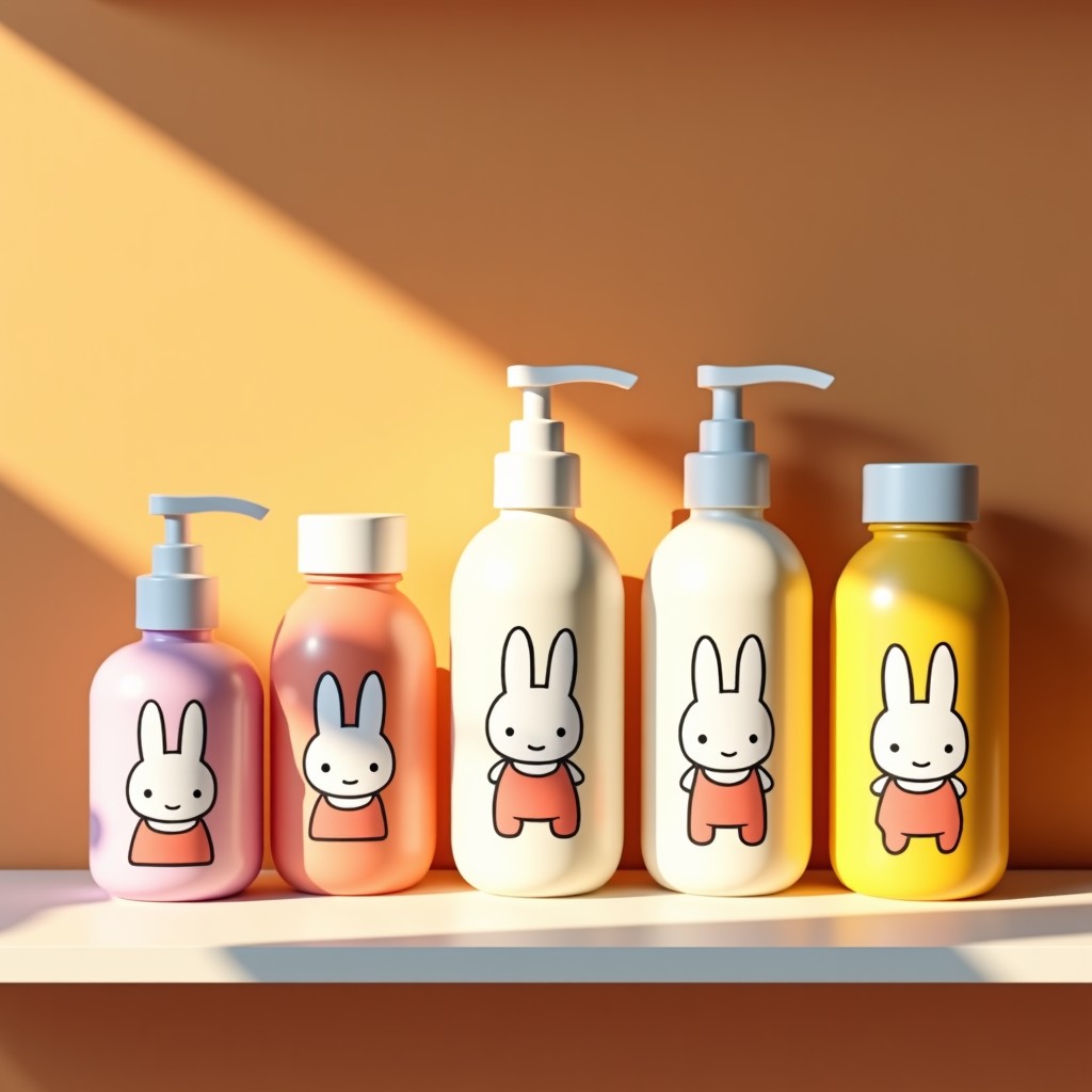A bright and modern Olive Young store shelf display featuring the rom&nd miffy collection. The products have cute miffy character illustrations on pastel-colored packaging. High-quality lifestyle photography with warm lighting. 4:3