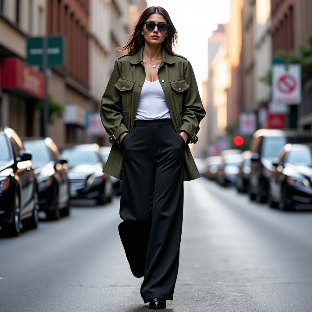 A stylish person wearing wide leg black trousers and a vintage oversized military jacket walking on a city street, professional street style look, natural daylight, 4:3