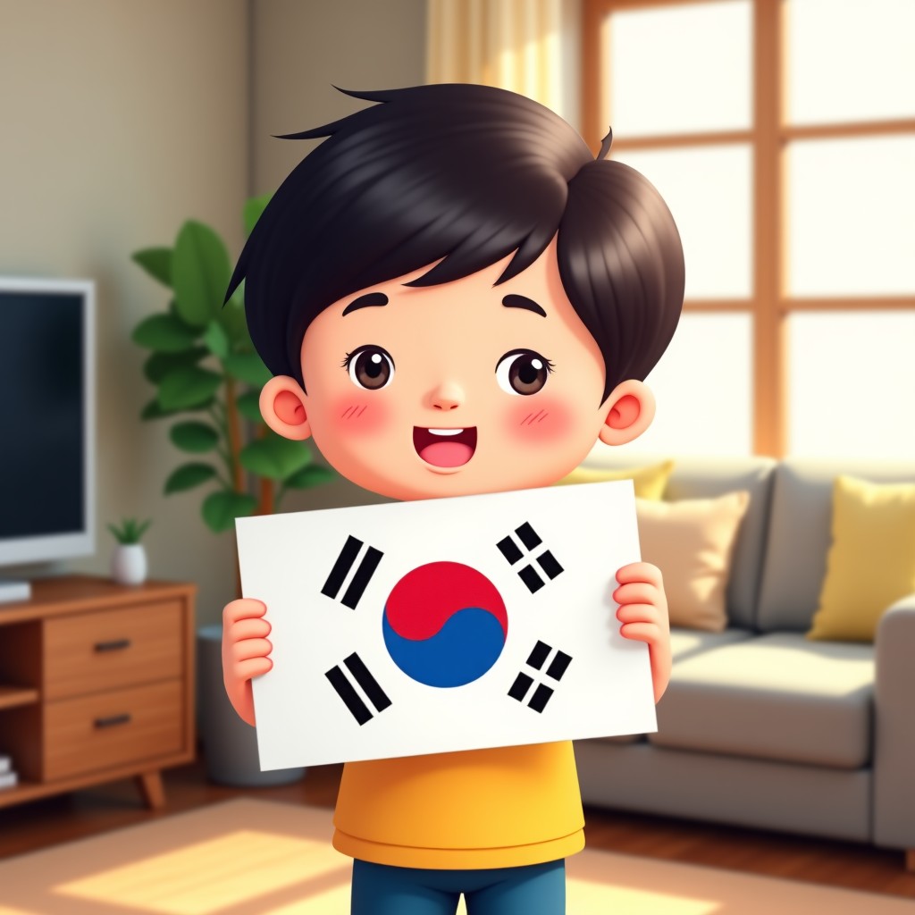 A young Korean child proudly holding up a hand-drawn South Korean flag. The drawing is colorful and charming. The background is a cozy living room with soft sunlight filtering through the window. 4:3