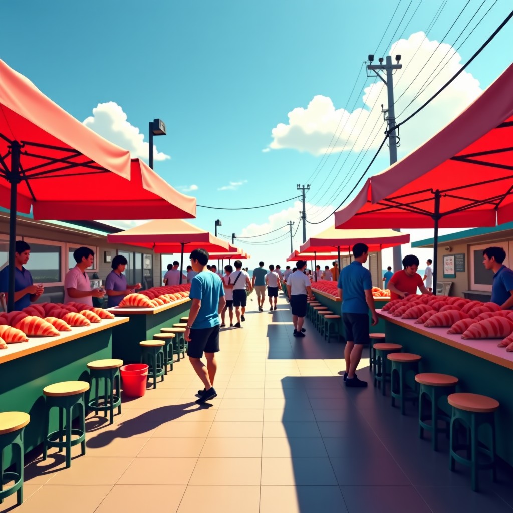 A vibrant coastal market scene during a crab festival in Korea with people enjoying street food and fresh seafood stalls under a bright sunny sky cinematic atmosphere 4:3