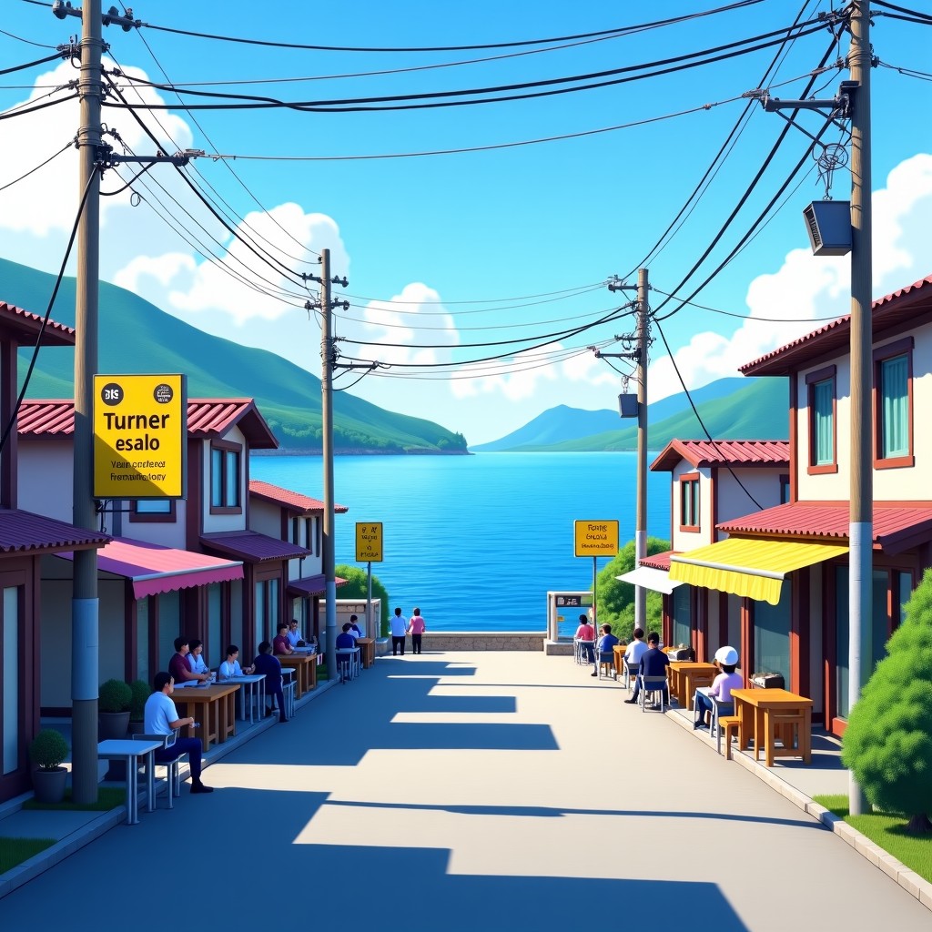 A peaceful coastal view of Jukbyeon Port in Uljin Korea with various seafood restaurants featuring yellow signs and a clear blue ocean background natural daylight high resolution photography 4:3