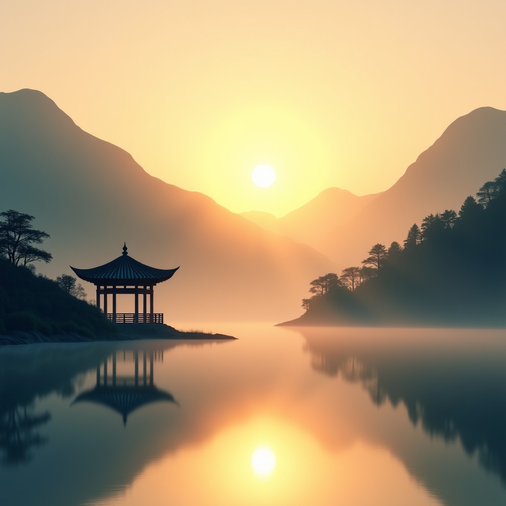A serene morning landscape in East Asia with a soft sunrise behind misty mountains, a traditional Korean gazebo or 'jeongja' near a calm pond, warm golden light, cinematic atmosphere, 1:1