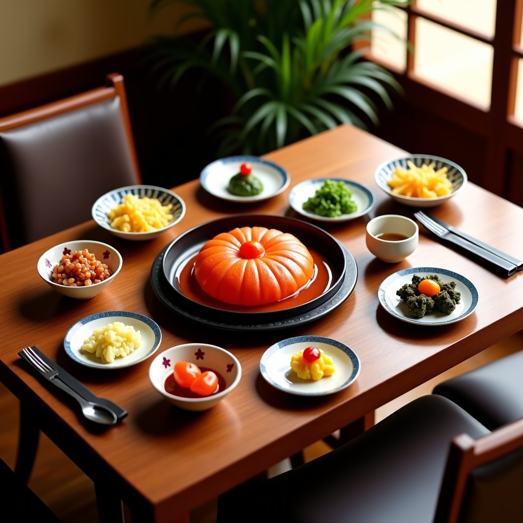 A beautifully set Korean traditional dining table for Jeongwol Daeboreum featuring Ogokbap and colorful side dishes under warm indoor lighting, high angle view. 1:1