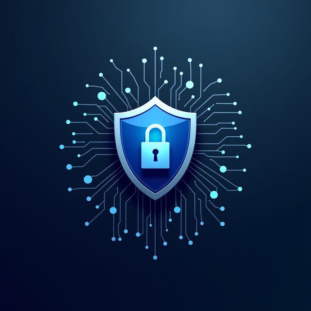 Abstract representation of digital security shields and nodes of a neural network, clean and modern aesthetic, deep blue and metallic gray tones, 4:3