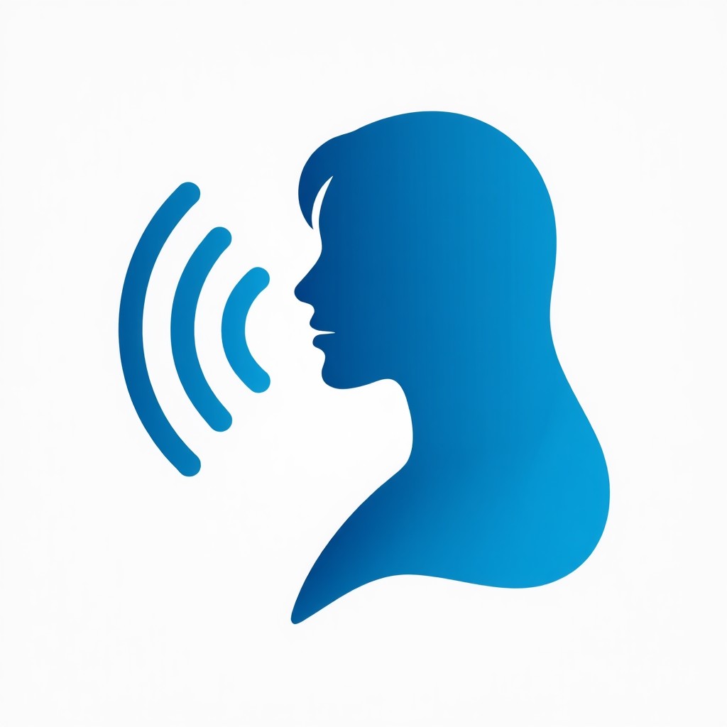 A clean and modern conceptual illustration of voice waves and a friendly feminine AI profile silhouette. Blue and white color palette. High tech and digital health care theme. 4:3