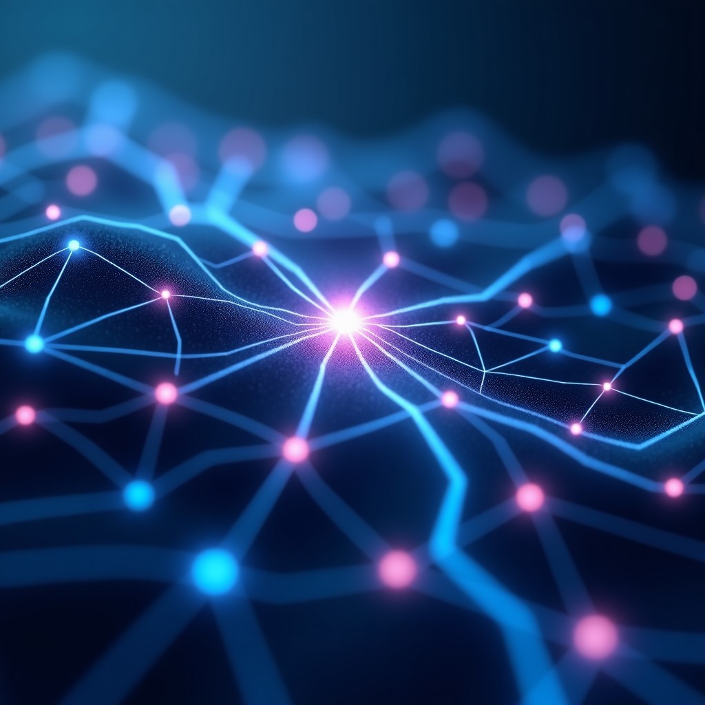 A conceptual representation of human connection with abstract digital neural network patterns, soft blue and purple lighting, cinematic composition, 4:3