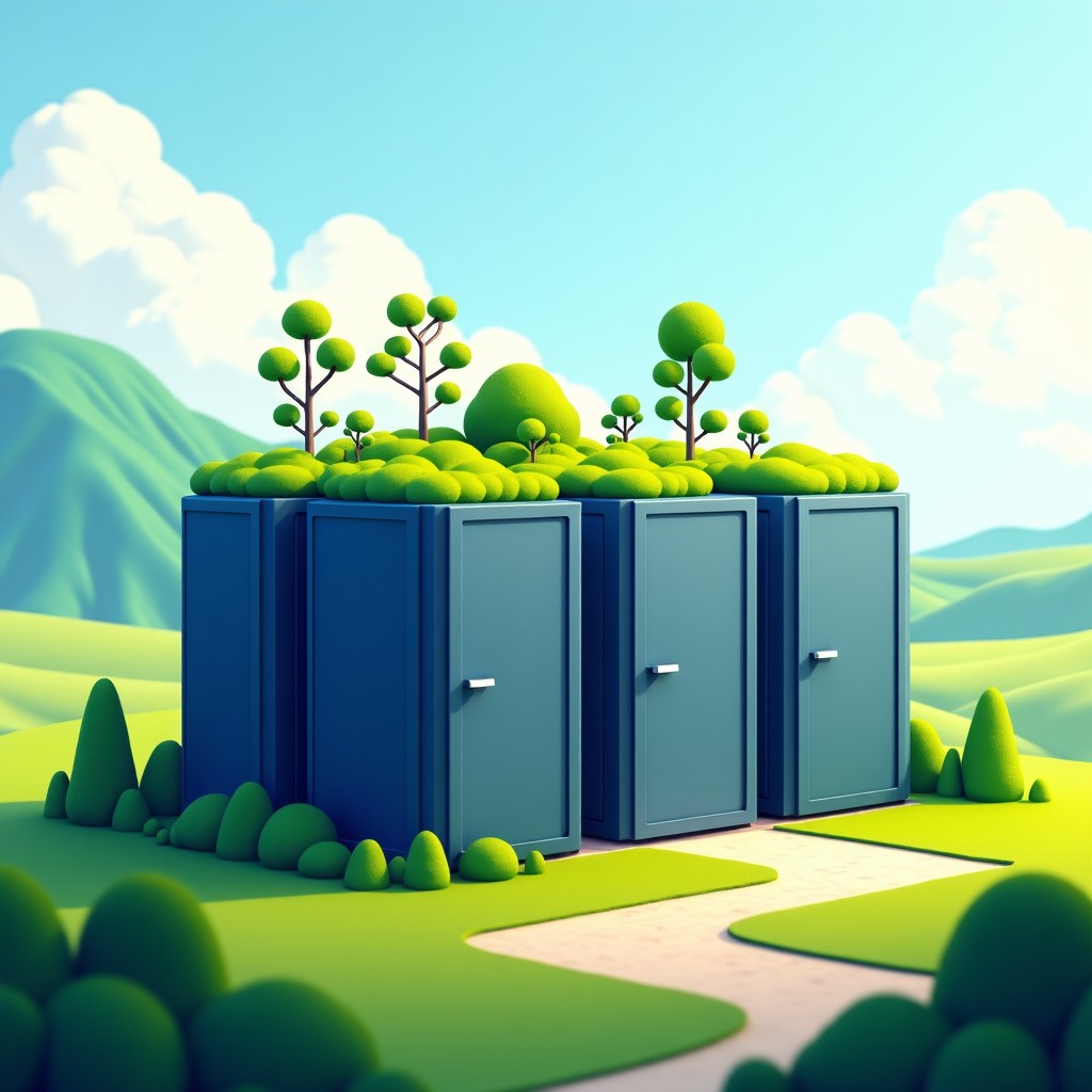 Conceptual illustration of a sustainable data centre using natural air and rainwater for cooling, green roof integration, rural Scottish background, eco-friendly technology concept, bright and clean layout, 4:3