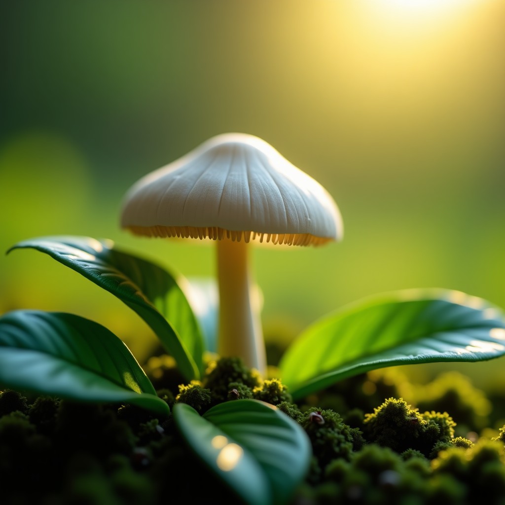 Close up macro shot of natural organic mushroom and green tea leaves with soft ambient lighting, cinematic photography, high detail, 4:3 aspect ratio