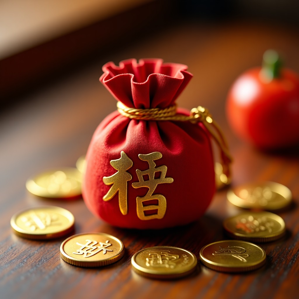 Close up of traditional lucky charms like a lucky pouch or 'bokjumeoni', golden coins, polished wood texture, warm and inviting atmosphere, macro photography, 1:1