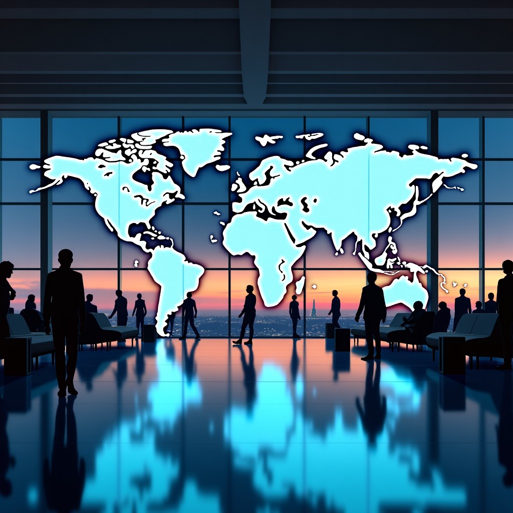 A busy and futuristic international airport terminal with a large digital world map displaying glowing flight routes connecting different continents. Modern architecture with glass and steel. Realistic photography with natural indoor lighting. 4:3