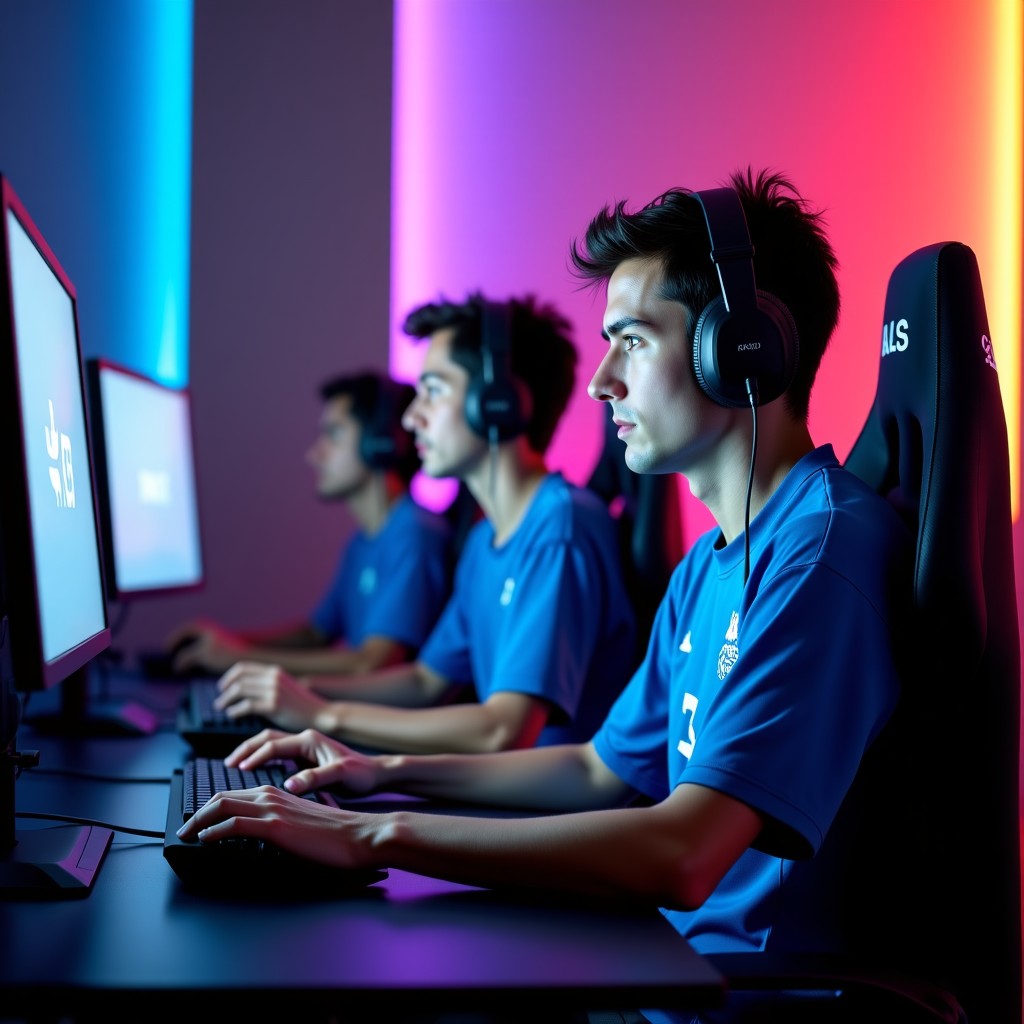 Professional esports players wearing team jerseys sitting in front of high-end monitors, focused atmosphere, neon backlighting, realistic photography, 4:3