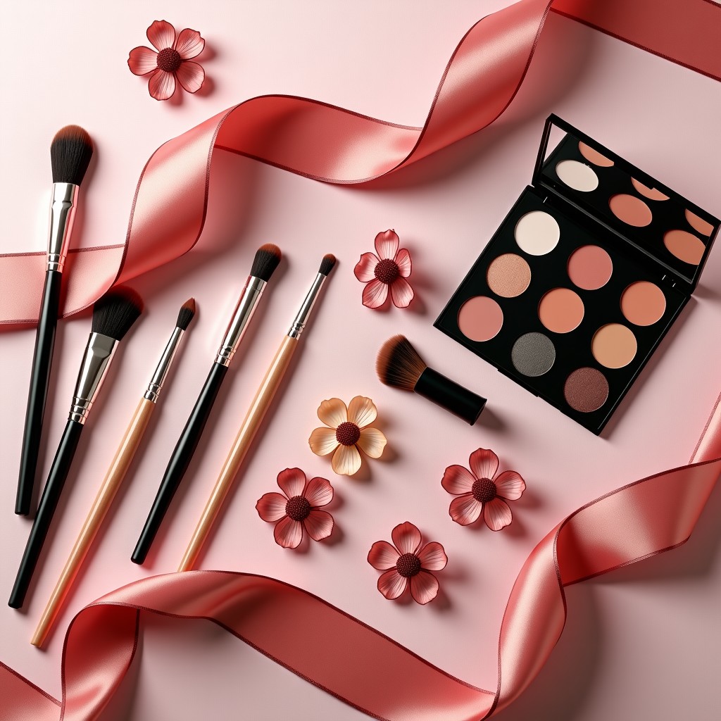 Artistic flat lay of eye shadow palettes and cosmetic brushes arranged with traditional Korean silk ribbons and dry plum blossoms on a textured paper background. 4:3