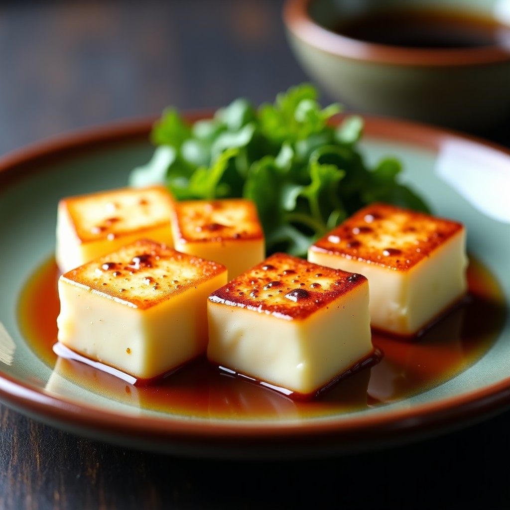 Close-up shot of appetizing Korean style pan-fried tofu and braised tofu with light seasoning on a ceramic plate. Soft textures, steam rising slightly, professional food photography style. No text. 4:3