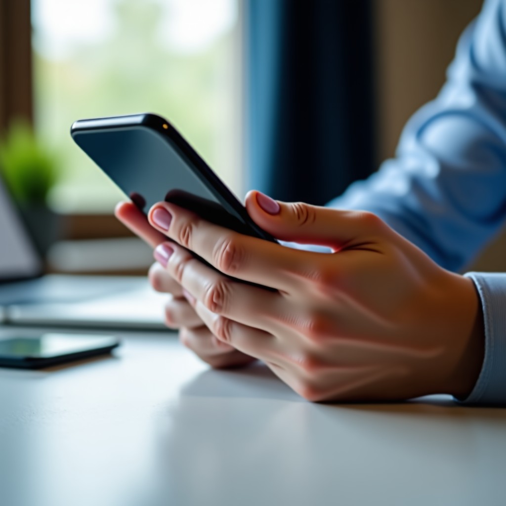 Close up of a person checking personal account security on a smartphone, soft lighting, clean desk setup, high quality realistic photography, 4:3.