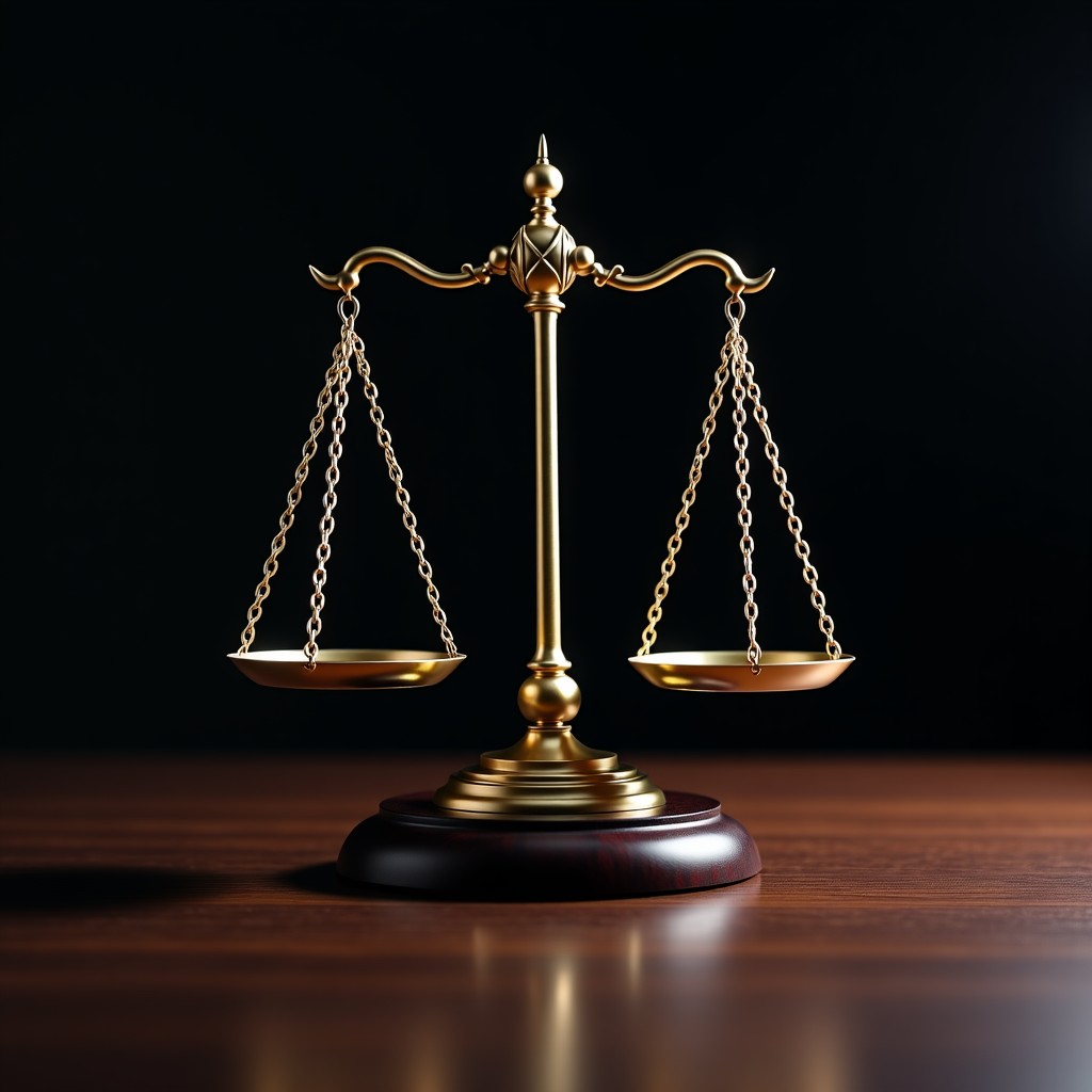 Symbolic scales of justice on a dark wooden desk, dim cinematic lighting, professional and serious atmosphere, high contrast, 1:1