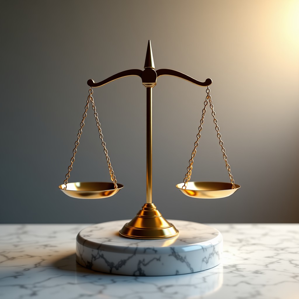 The scales of justice on a marble pedestal, balanced and symmetrical, bright professional studio lighting, high resolution, 1:1