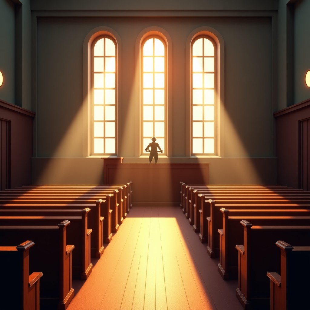 The interior of a classic courtroom with wooden benches and the scales of justice visible. Sunlight streams through tall windows, illuminating the dust motes in the air. The composition is centered and evokes a sense of fairness and truth. Artistic rendering with high contrast. 4:3
