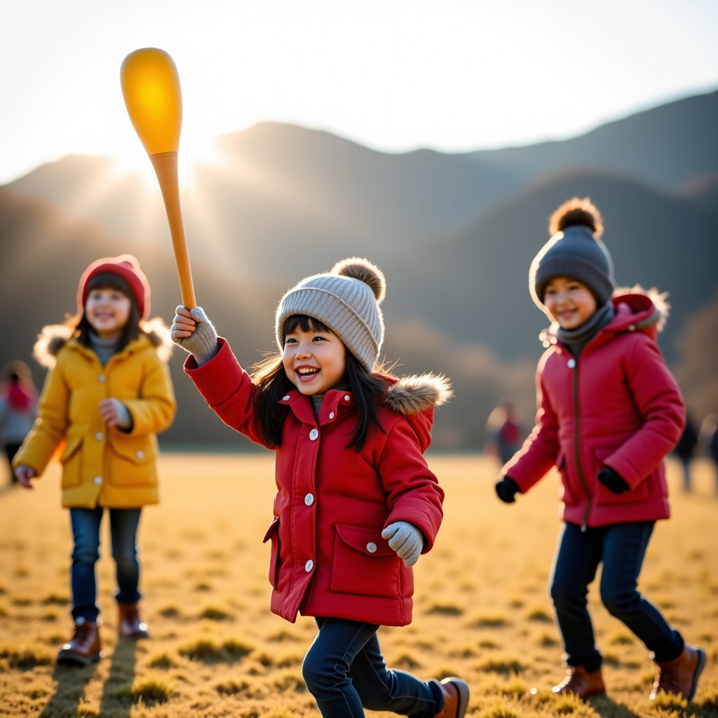 Korean children in warm winter clothes playing with a traditional Korean shuttlecock called Jegi on a grassy field. They are smiling and active. Natural sunlight, joyful atmosphere, high quality lifestyle photography, 1:1
