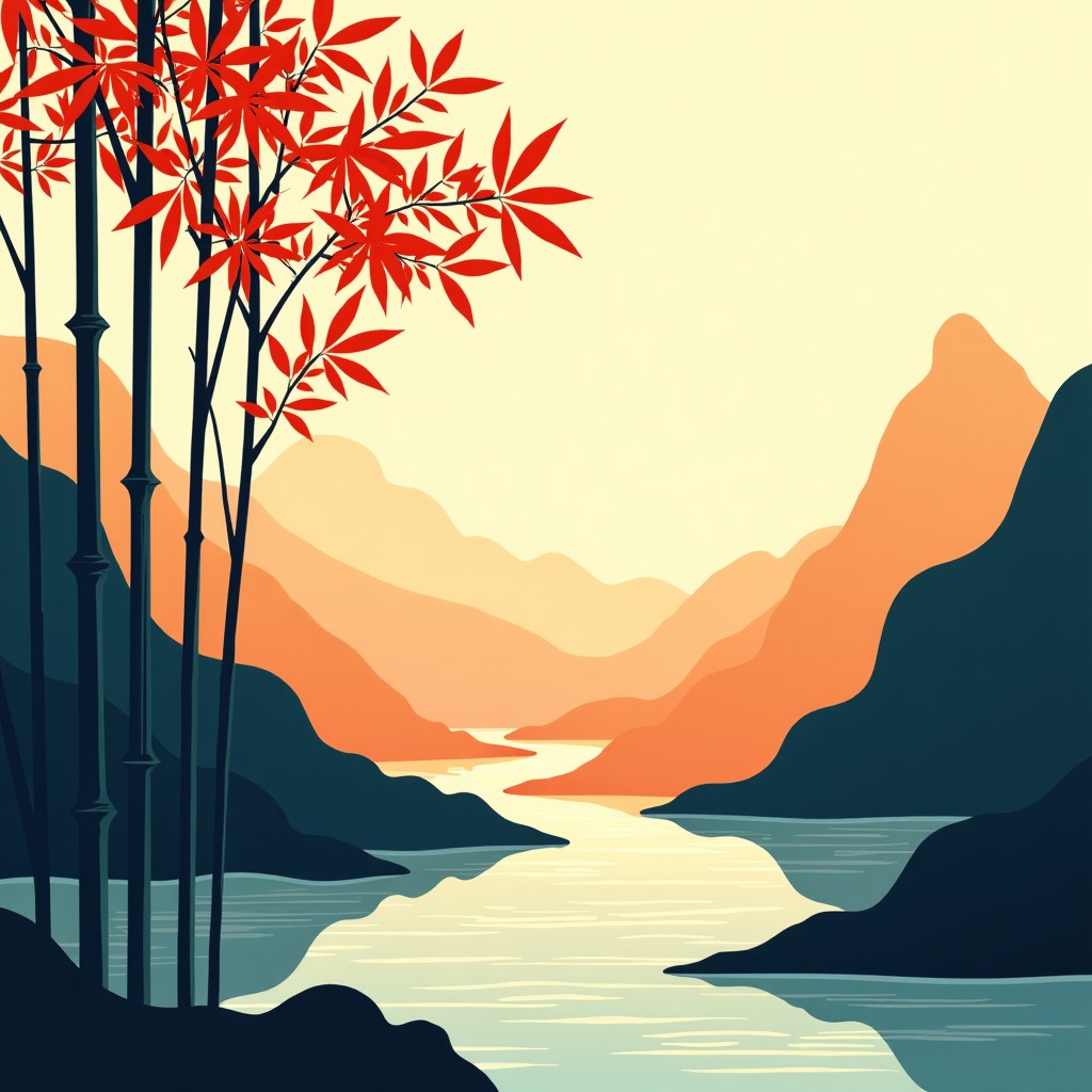 Artistic composition of traditional Korean patterns, bamboo leaves, and flowing water, warm lighting, elegant and minimalist aesthetic, high contrast, 4:3