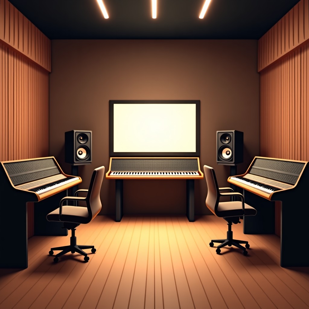 A cinematic scene of a modern recording studio with subtle traditional Korean aesthetic elements blended in, warm lighting, professional atmosphere, 4:3