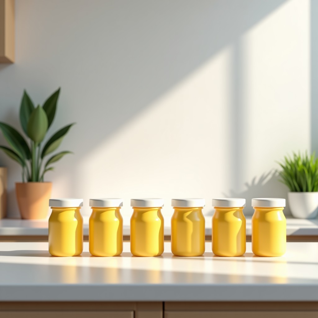 Several canisters of baby formula arranged neatly on a clean white kitchen counter. Natural lighting, soft shadows, realistic home environment. 4:3