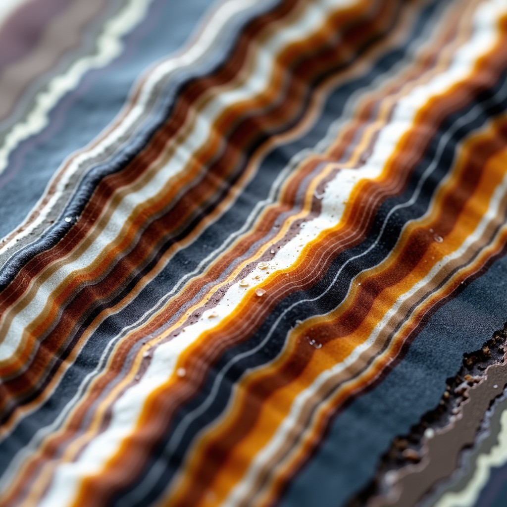 Close-up of metamorphic gneiss showing beautiful wavy stripes and mineral bands. The texture is intricate and detailed, showcasing the effects of high pressure and temperature. Macro photography, natural colors, 4:3