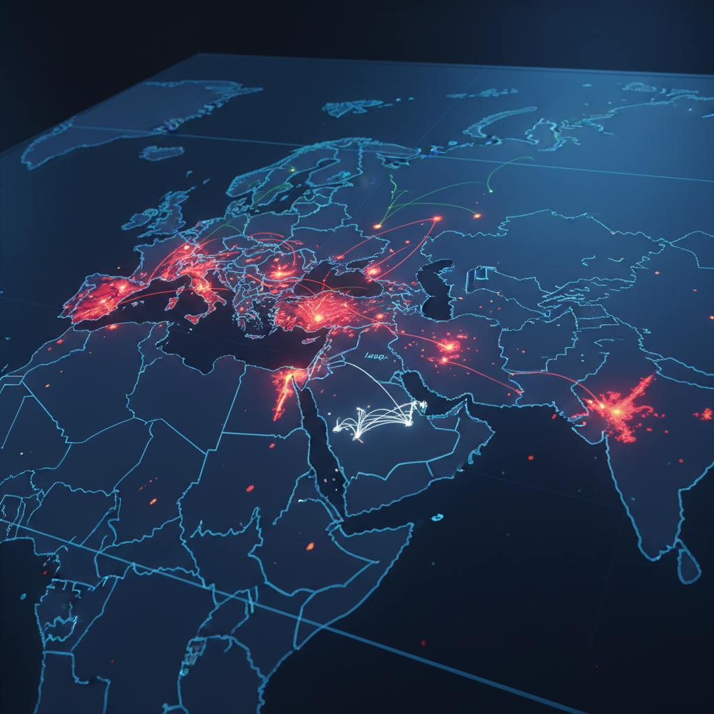 중동 지역의 지도를 배경으로 긴장감이 흐르는 미사일과 군사 배치도