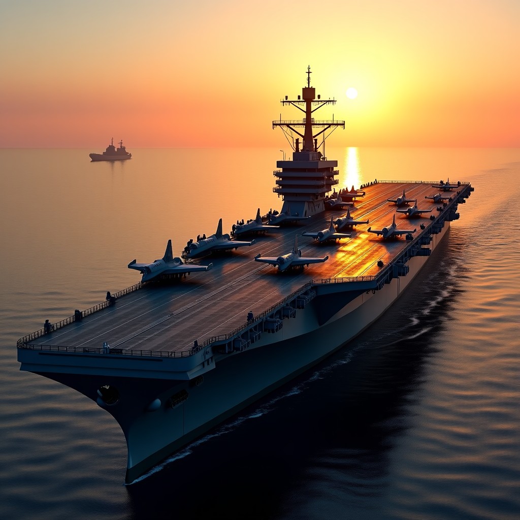 A massive aircraft carrier sailing through the Strait of Hormuz at sunset, several fighter jets on the deck, realistic photography, warm lighting, 4:3