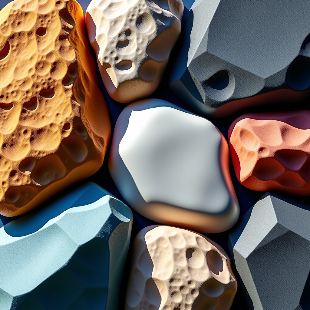 A high-quality close-up shot showing a variety of natural rock textures including granite, basalt, and layered sedimentary rocks. The lighting is natural and bright, highlighting the different colors and crystalline structures. Modern and clean layout, 4:3