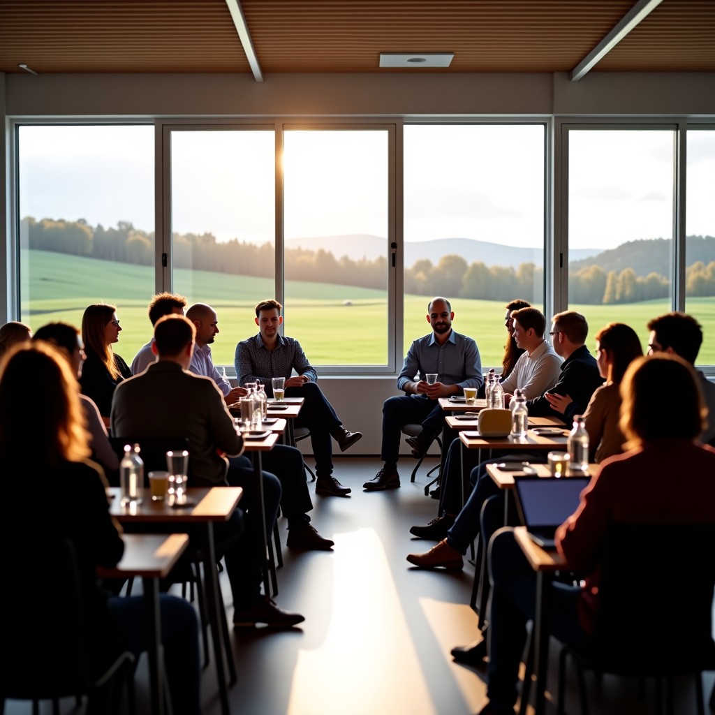 A meeting between diverse local community members and technology developers in a bright modern community hall, windows showing the Scottish countryside, cooperative atmosphere, natural lighting, 4:3